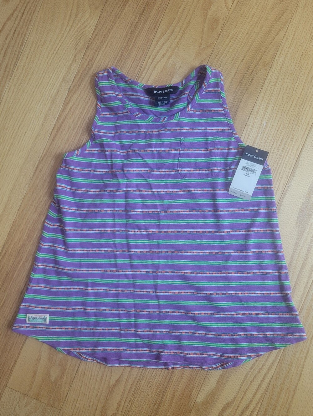 NWT Ralph Lauren Girls Purple And Green Striped Sleeveless Tank, Size 8/10